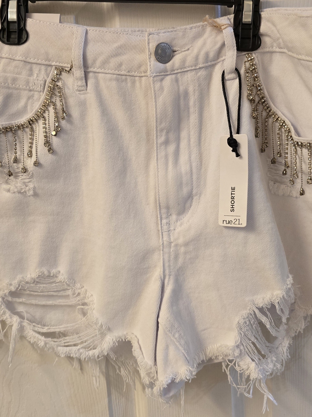rue21 White Distressed Shortie Shorts with Crystal Fringe